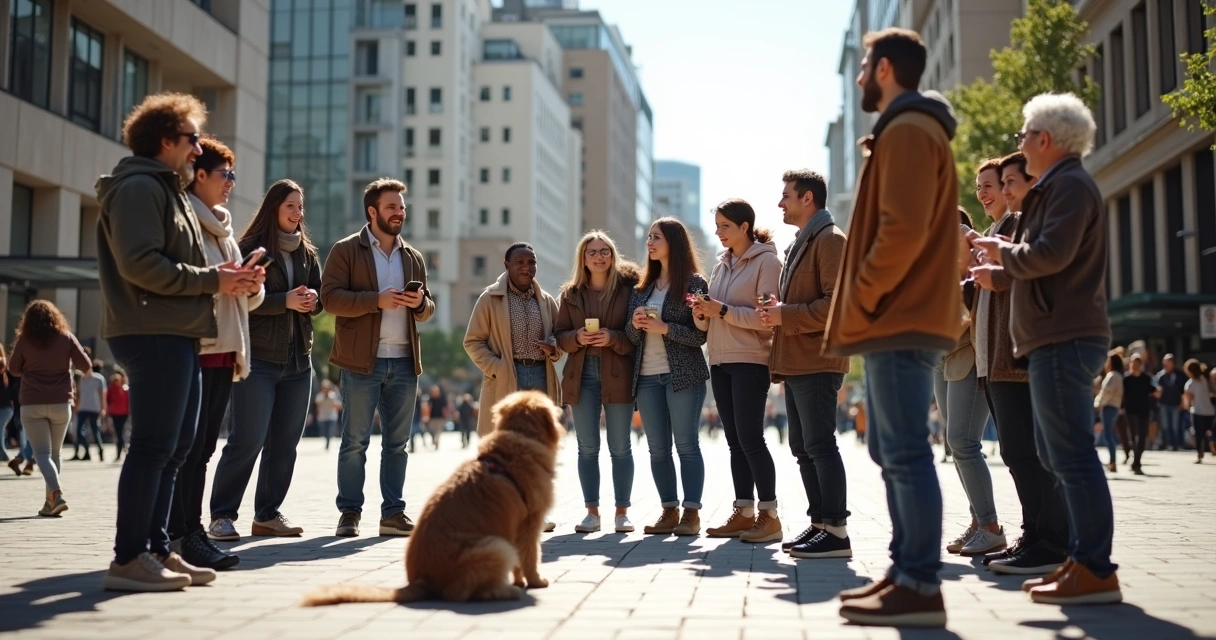 Pessoas conversando em uma praça urbana 