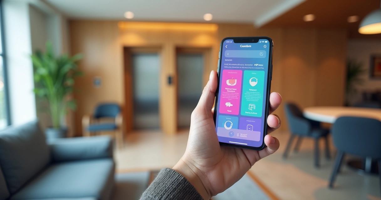 Mão segurando smartphone com app de comunicação condominial aberto 