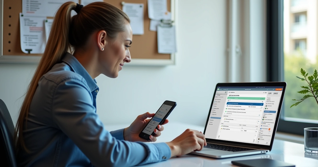 Síndico usando celular enquanto consulta notebook com tela de aplicativo de condomínio 