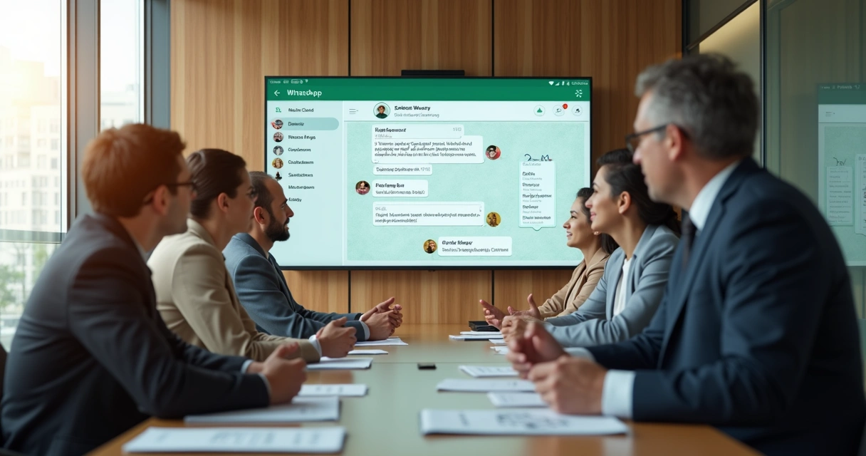 Sala de reunião de condomínio com equipe discutindo comunicação digital 