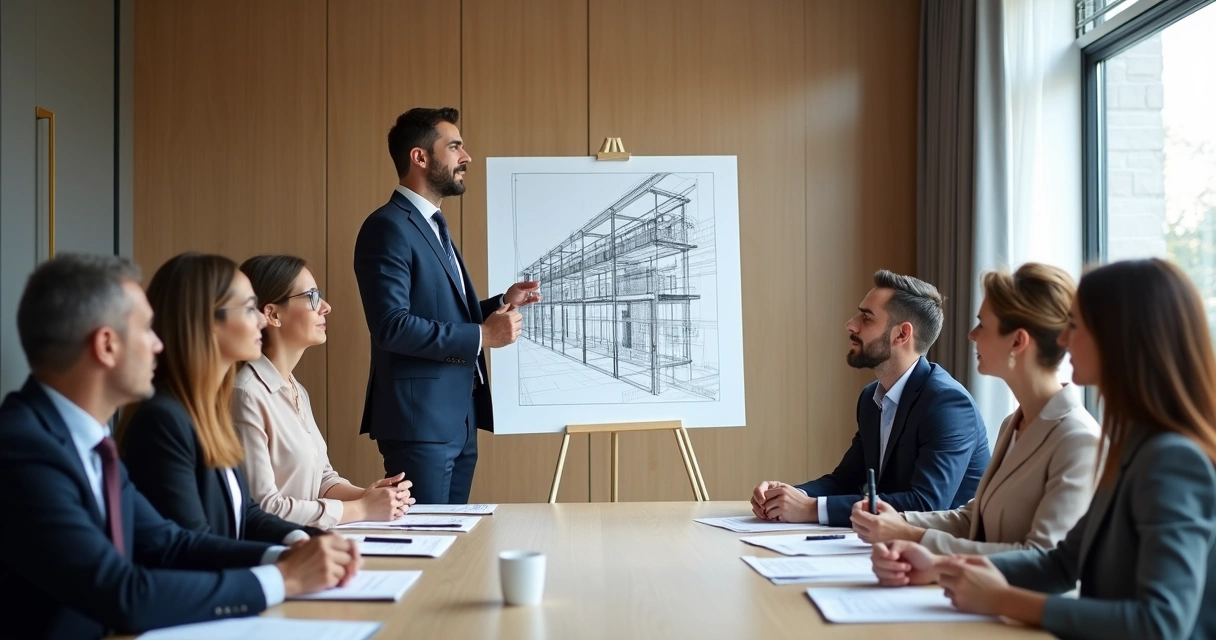 Engenheiro explica obra a vizinhos em sala de condomínio, usando planta e laudo 