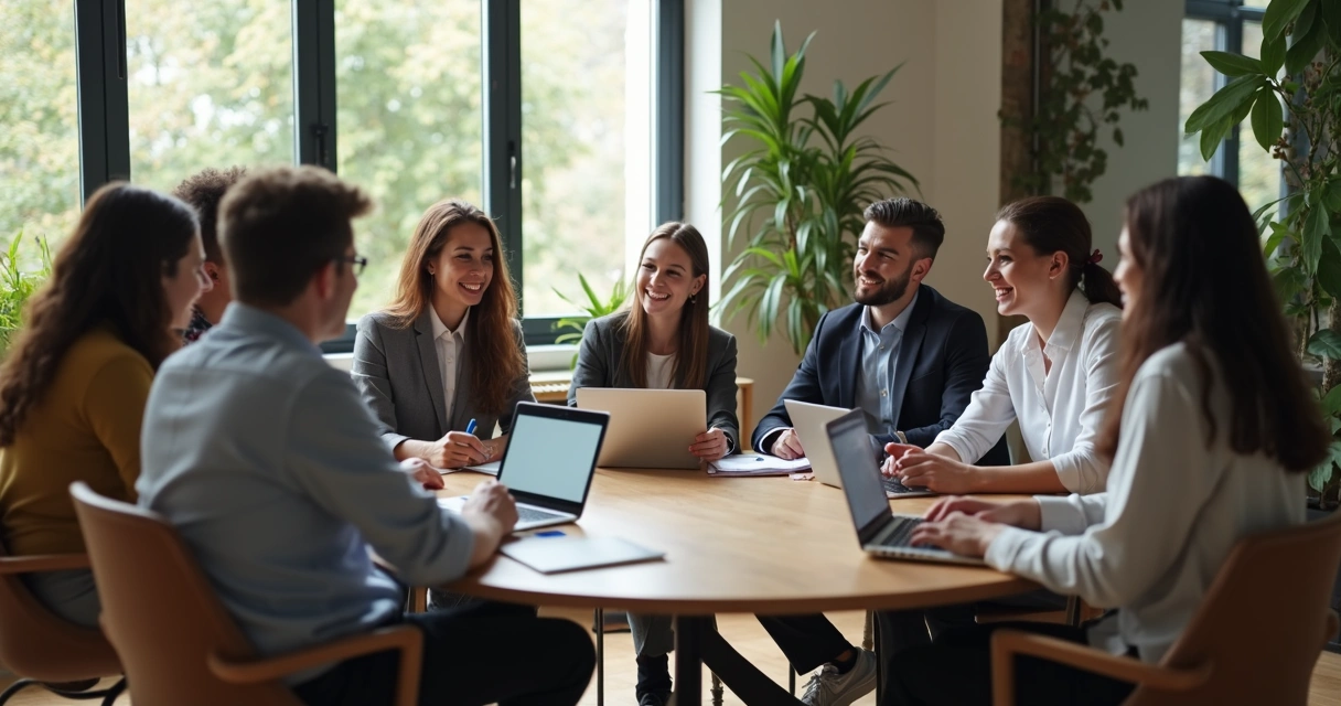 Colaboradores em roda conversando de forma colaborativa