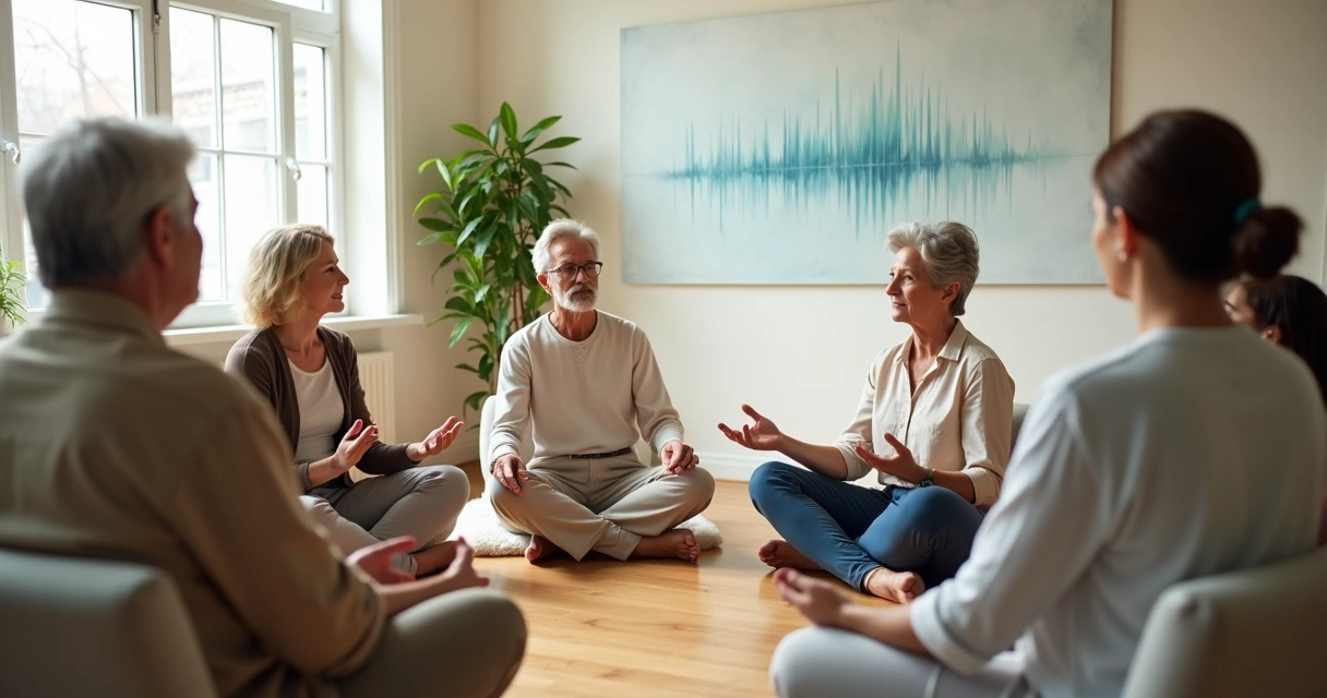 Grupo diverso conversando em círculo com clima calmo e atento 