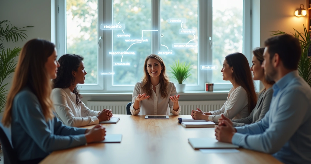 Equipe em reunião com palavras e conexões iluminadas representando comunicação consciente 