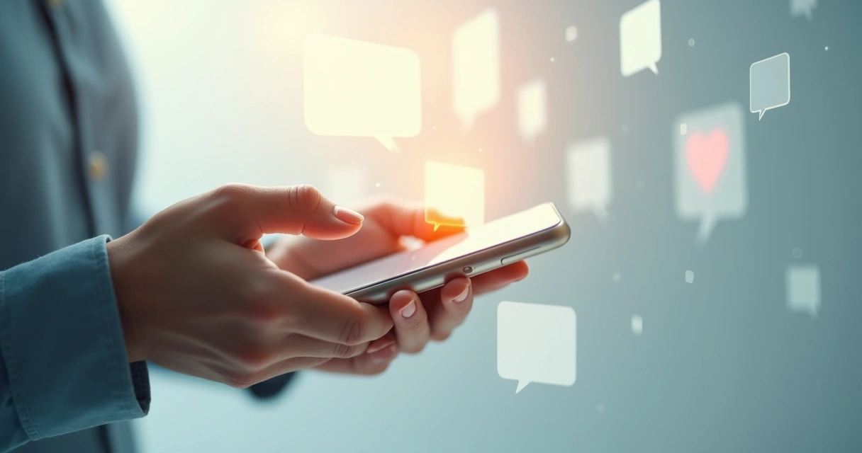 Pessoa digitando uma mensagem no celular, com destaque para balões de mensagem transparentes e símbolos de empatia 