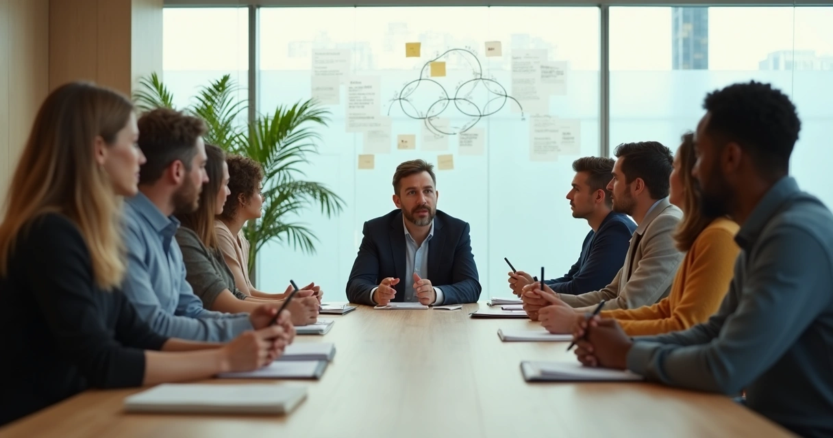 Equipes em reunião circular praticando comunicação consciente no escritório 