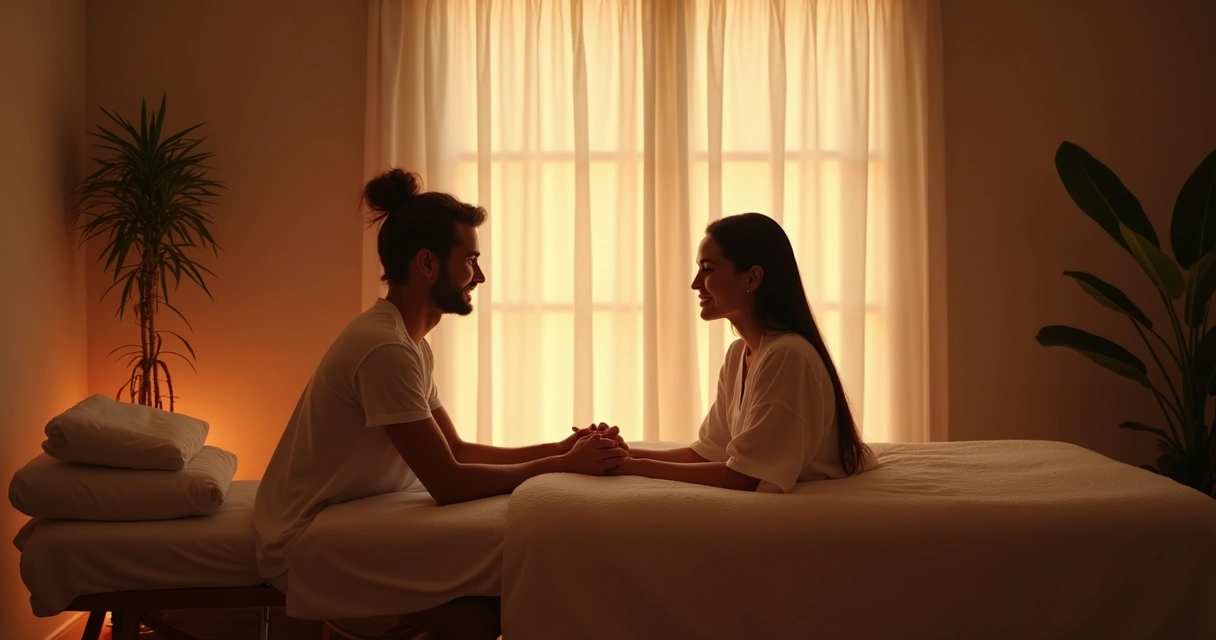 Cliente e massagista conversando em ambiente de massagem 