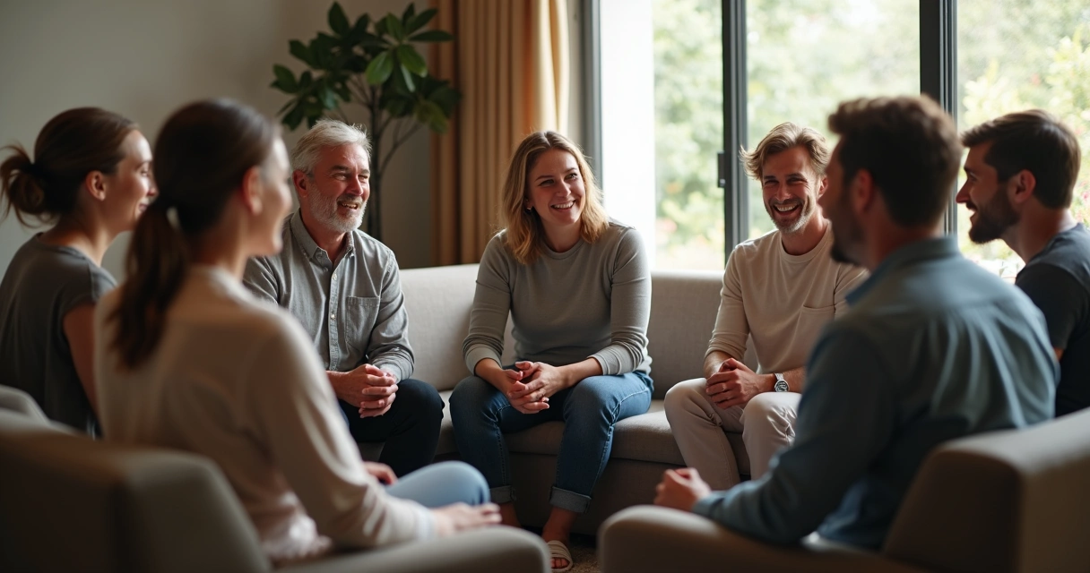 Grupo de pessoas sentado em círculo trocando olhares e gestos em ambiente interno iluminado. 