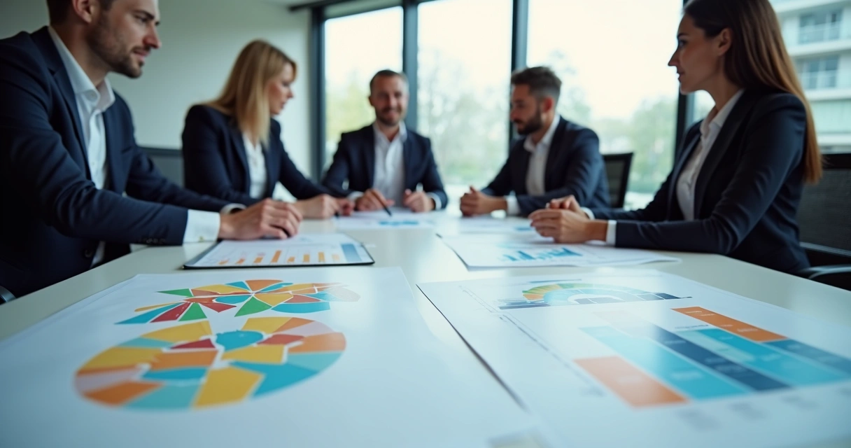 Profissionais de negócios em reunião, com gráficos coloridos em fundo branco 