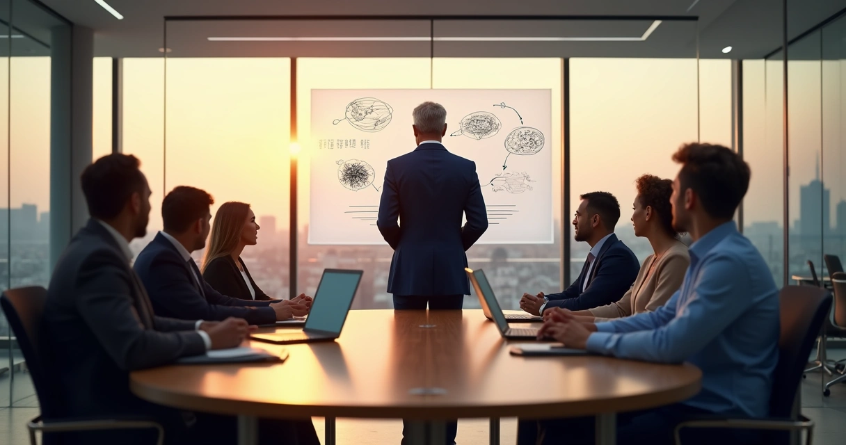 Executivo diante de equipe com silhuetas de pensamentos sobre comunicação corporativa 