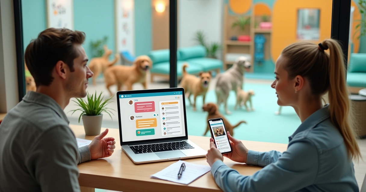 Gestor de creche pet conversando com tutora pelo notebook enquanto observa cães em área de convivência 
