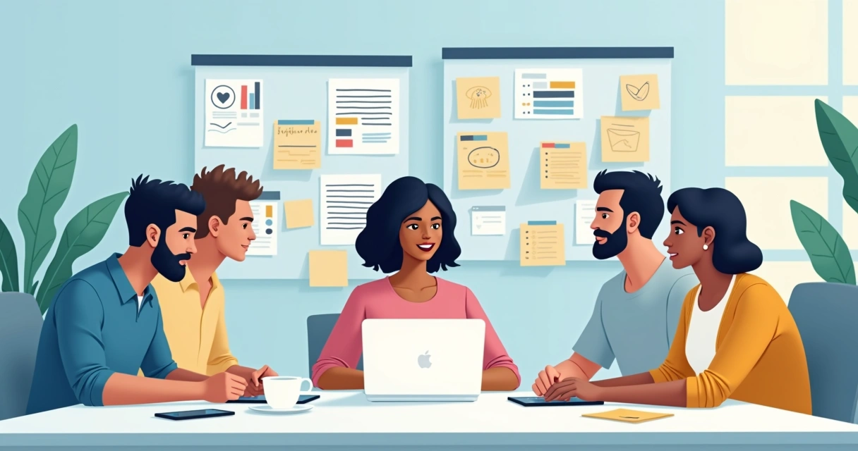 Equipe reunida ao redor de laptop e quadros, planejando comunicação digital de baixo custo