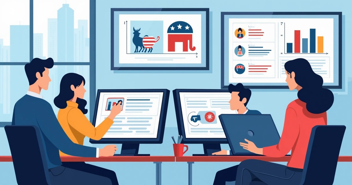 Equipe gerenciando redes sociais políticas em escritório