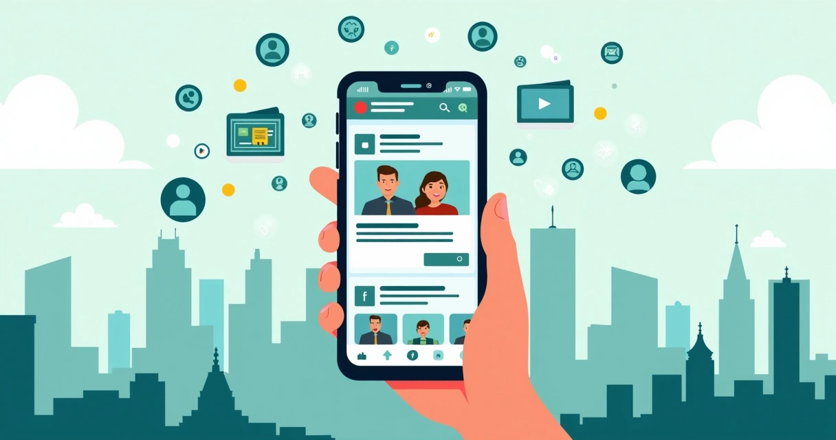 Pessoa usando celular para acessar conteúdo político em uma rede social, com ícones de mídia digital ao redor.