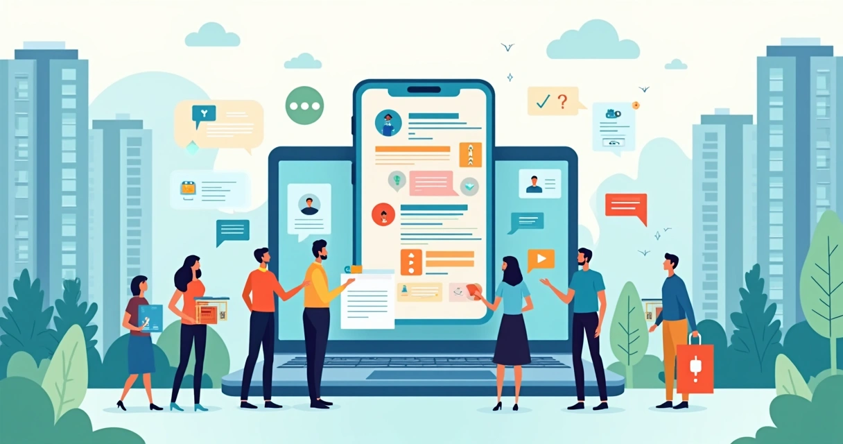 Reunião online entre síndico e moradores com app de comunicação do condomínio na tela 