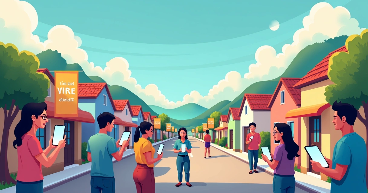 Campanha política digital em cidade pequena, com pessoas interagindo em redes sociais em celulares e banners digitais modernos 