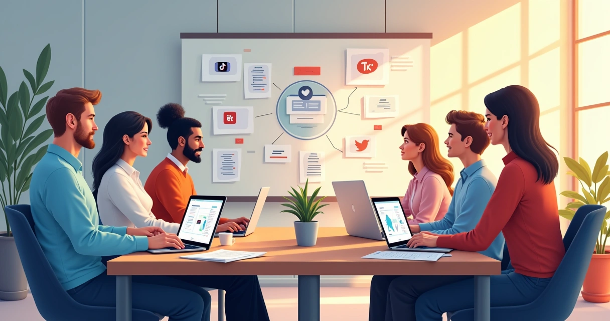 Equipe reunida desenvolvendo estratégias digitais em notebooks e celulares 