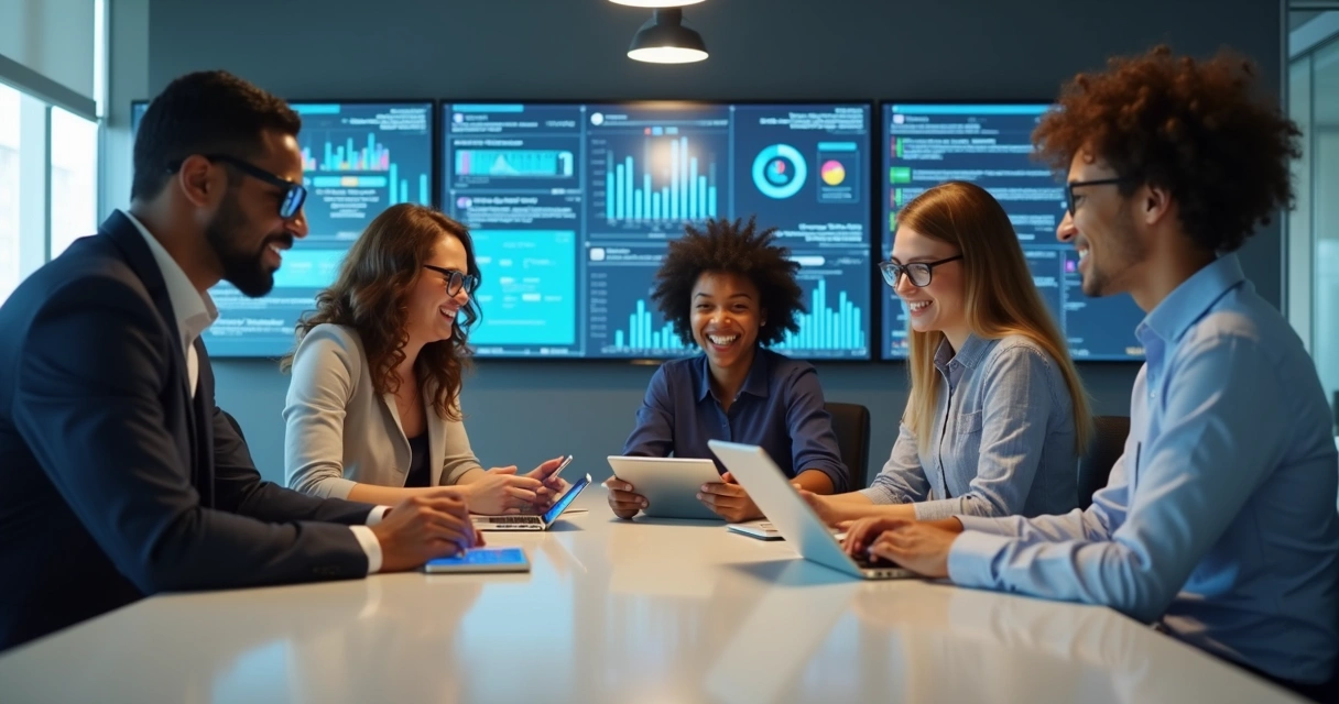 Equipe reunida utilizando dispositivos digitais para comunicação corporativa