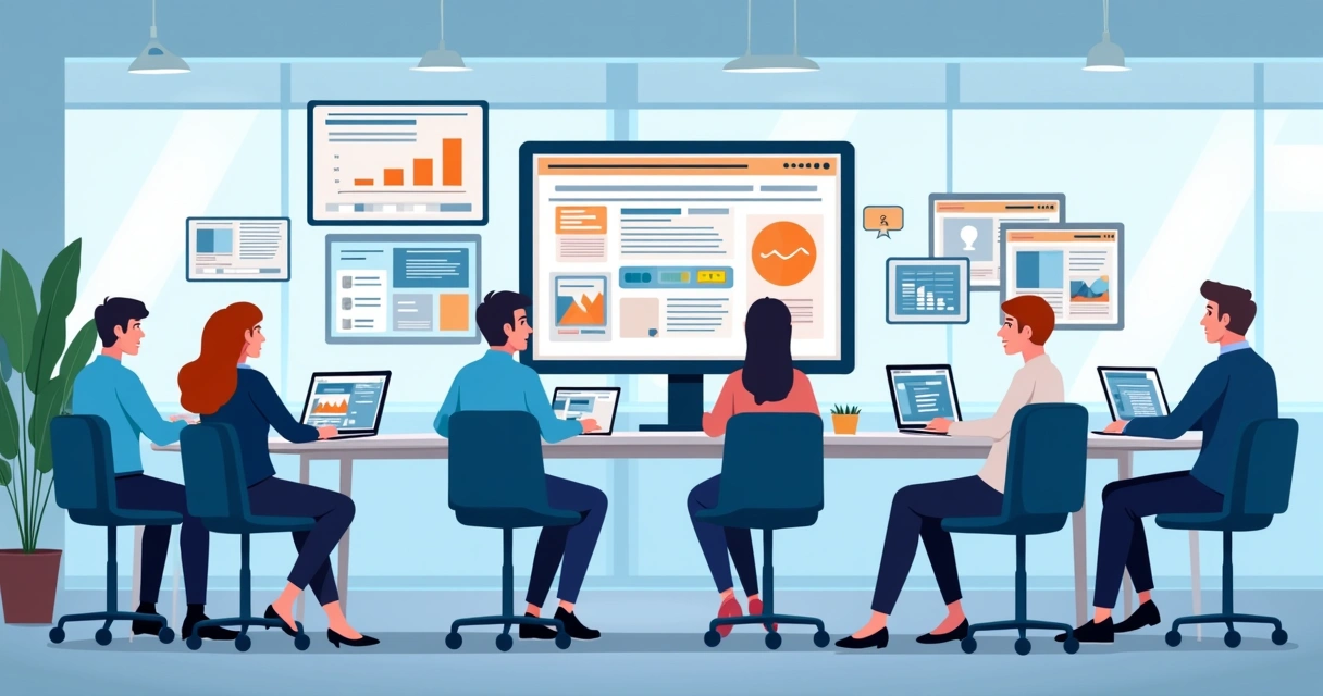 Equipe sindical gerenciando redes sociais e canais digitais em ambiente de trabalho. 
