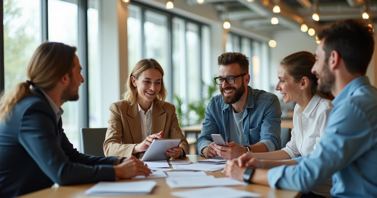 Equipe diversa conversando ao redor de mesa com tablets e papéis
