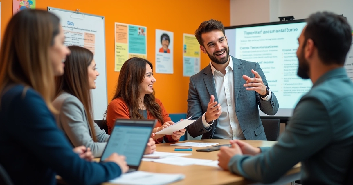 Grupo diversificado discutindo ativamente em uma sala de reunião iluminada.