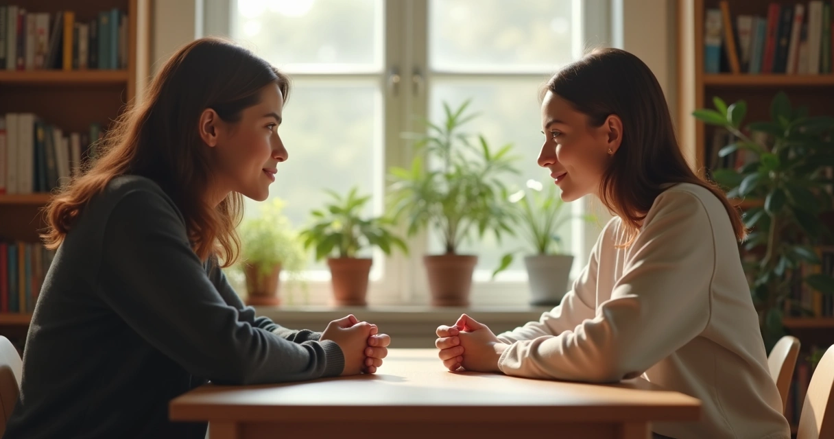 Duas pessoas sentadas frente a frente, conversando em uma mesa clara de madeira. Uma delas escuta com atenção, mãos sobre a mesa. 