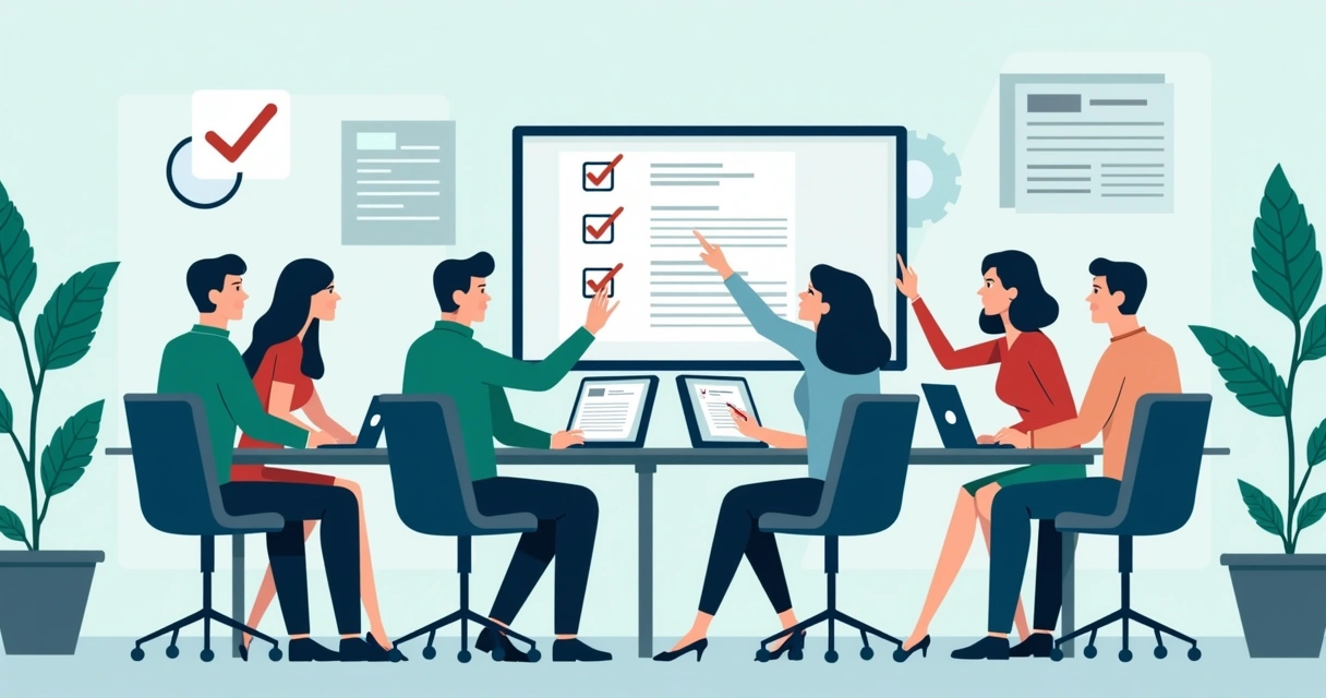 Equipe analisando documentos em conjunto frente a computadores