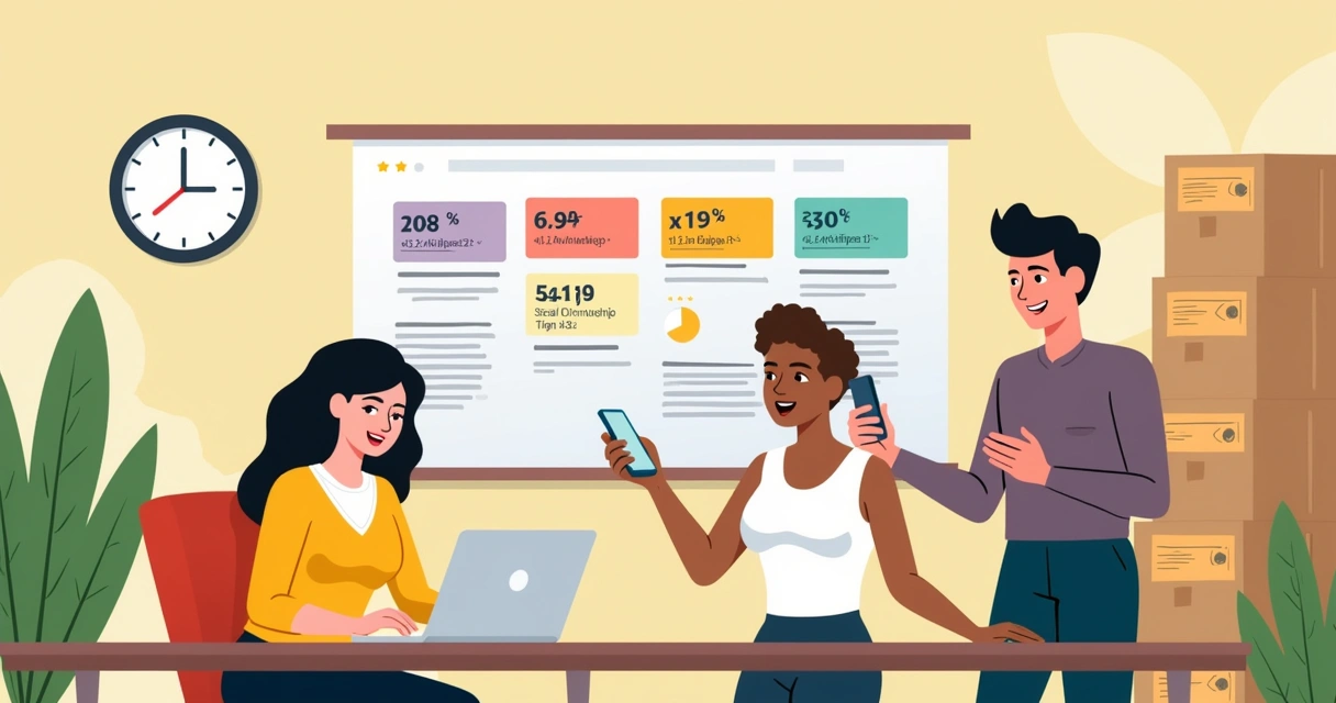 Ambiente de escritório com profissionais se comunicando efetivamente com fornecedores, laptops e calendário visíveis.