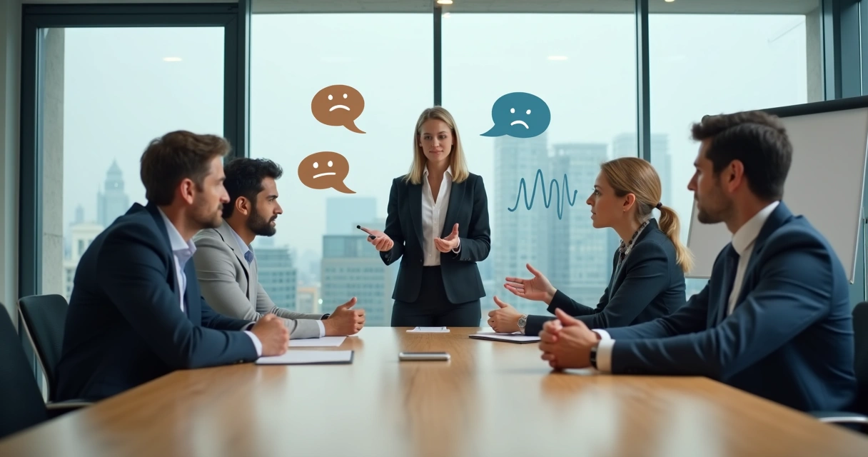 Equipe em reunião com clima dividido entre tensão e colaboração 