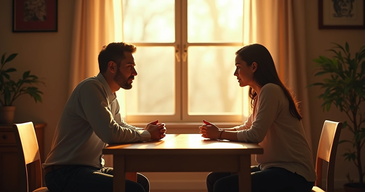 Duas pessoas em uma conversa olho no olho em ambiente tranquilo 