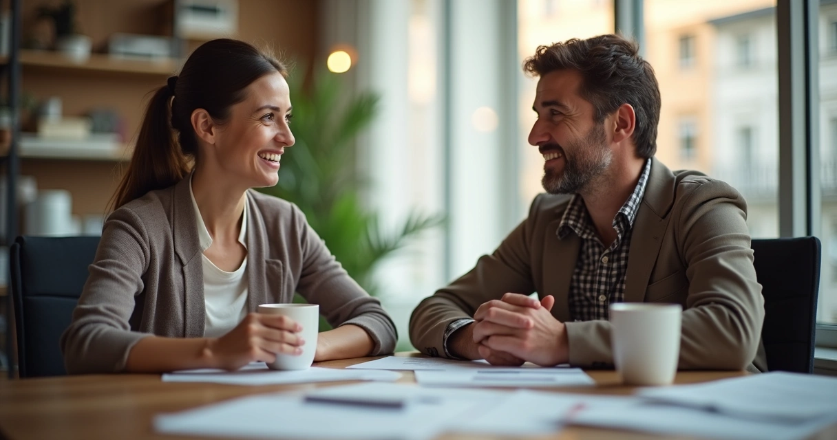 Colegas conversando com empatia e escuta ativa em escritório 