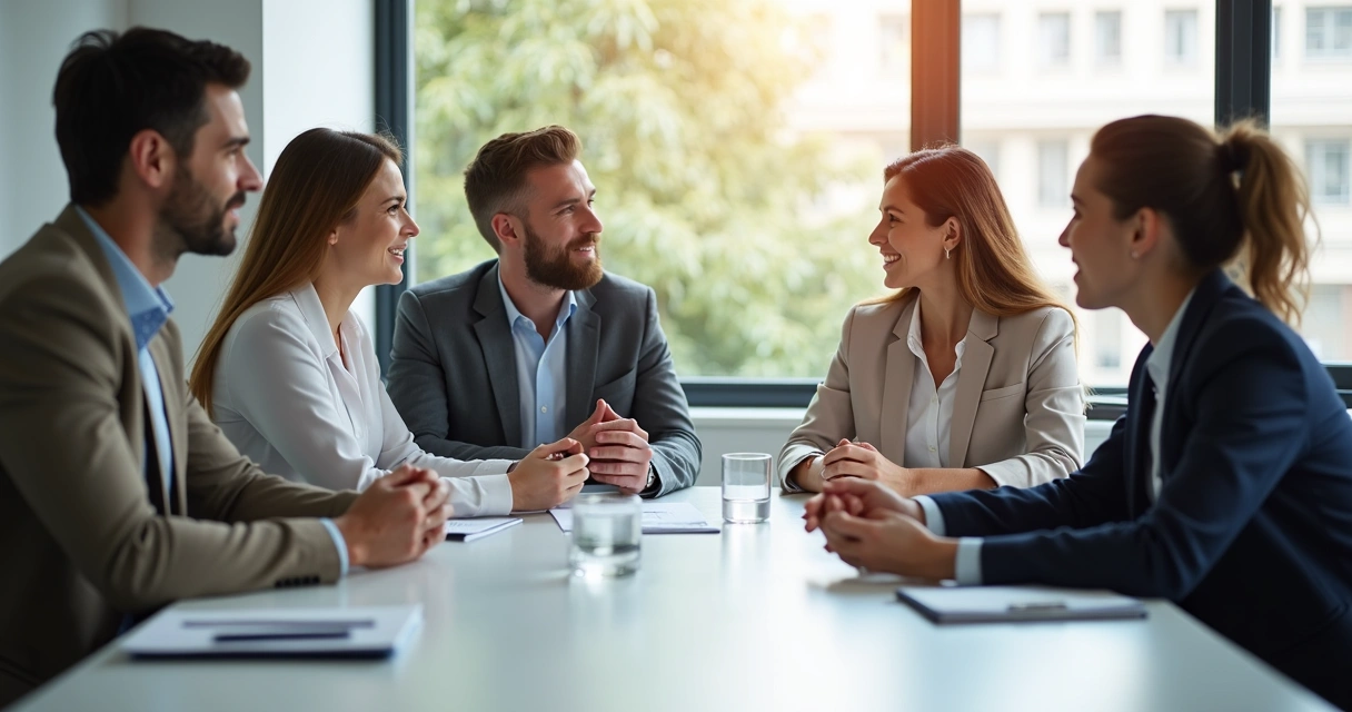 Equipe sentada ao redor de uma mesa, conversando com expressão tranquila e focada, interagindo de maneira respeitosa 
