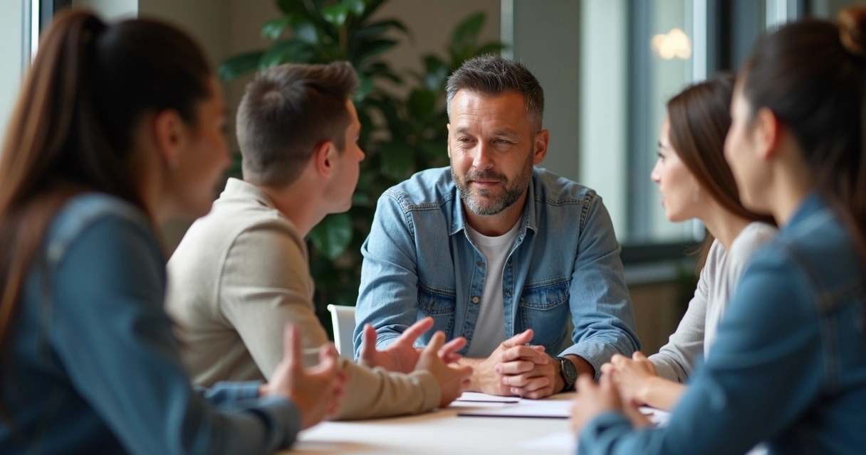 Líder escutando atentamente equipe em uma mesa de reunião