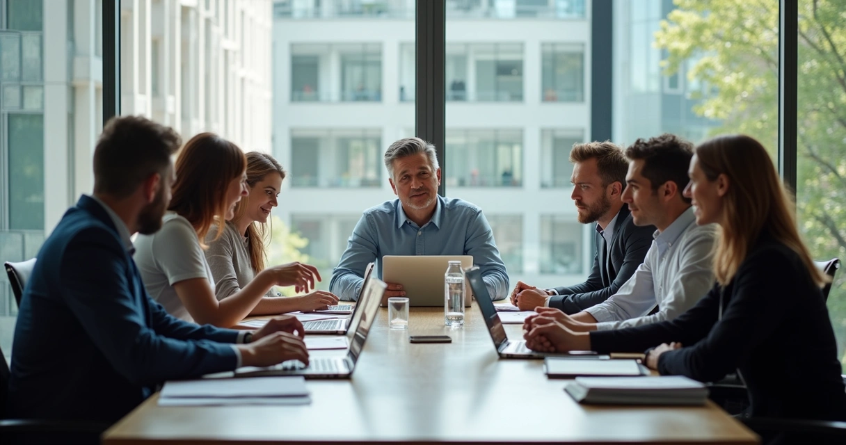 Reunião empresarial com líderes interagindo de forma clara. 