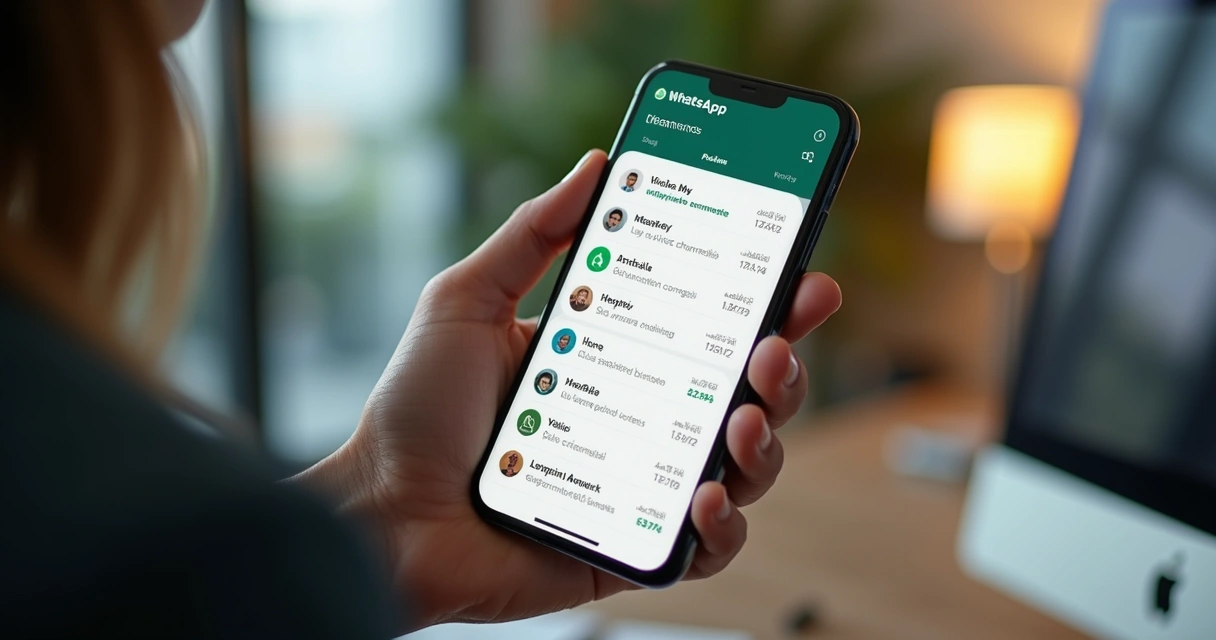 Pessoa usando smartphone com tela do WhatsApp Channels aberta mostrando lista de canais ativos e notificações de mensagens 