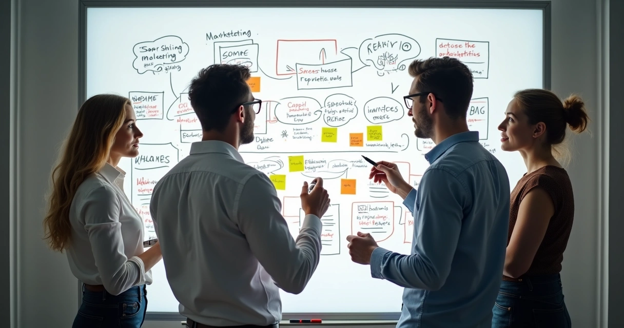 Profissionais conversando em frente a quadro branco com fluxogramas e gráficos 