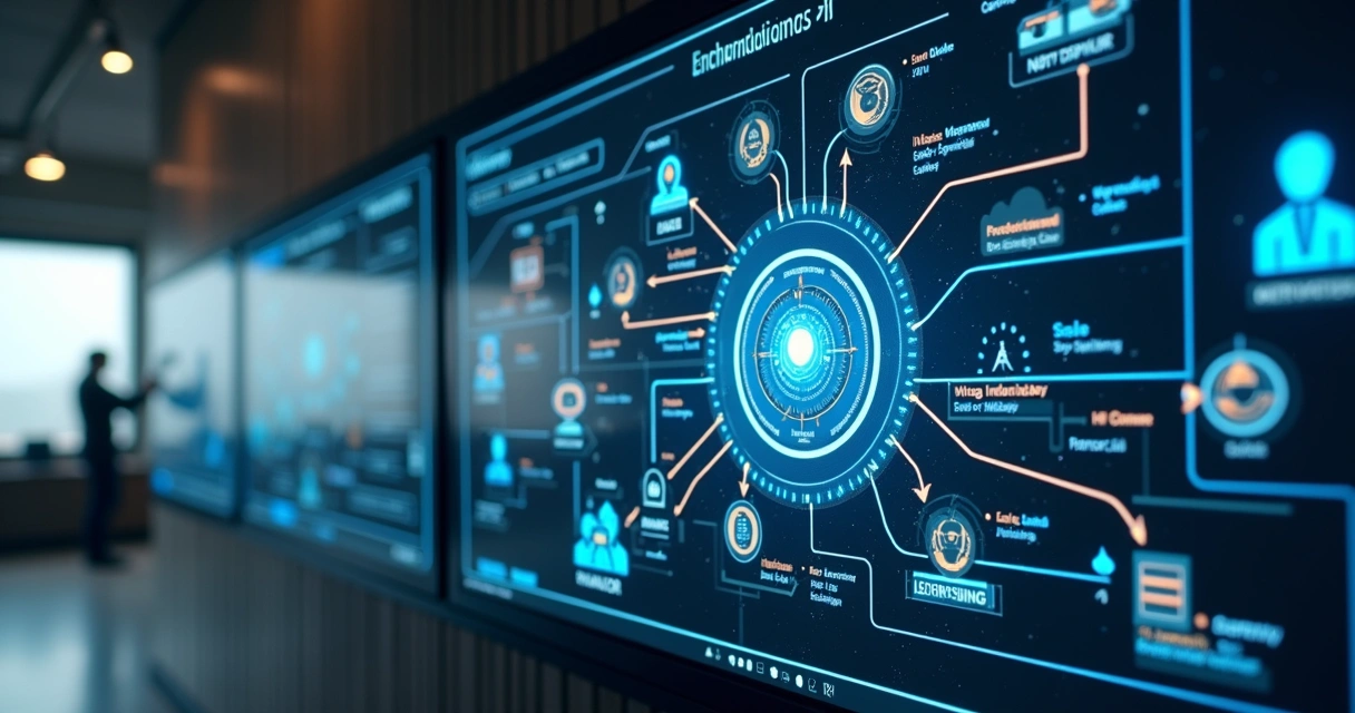 Painel virtual com fluxos de trabalho conectando diferentes departamentos 