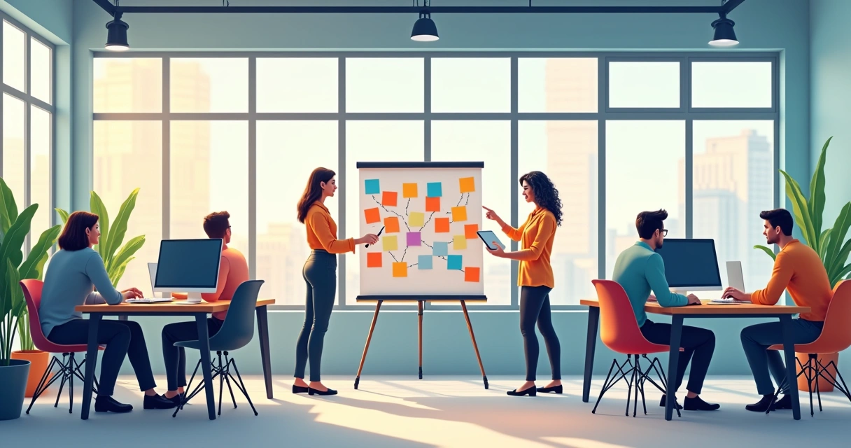 Equipe de agência de marketing colaborando em um ambiente moderno com computadores, trocando ideias em um quadro branco. 