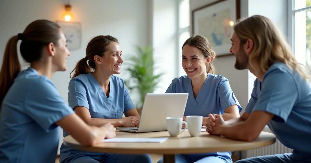 Equipe de consultório odontológico reunida em conversa