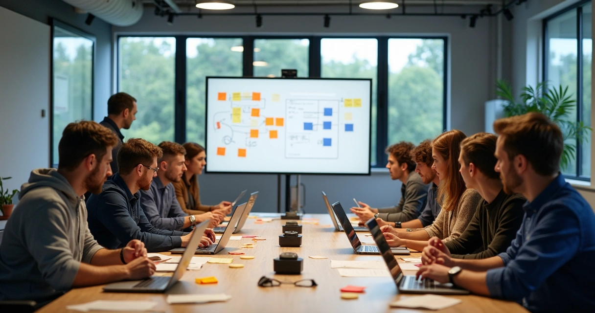Equipe de desenvolvimento em reunião discutindo projeto