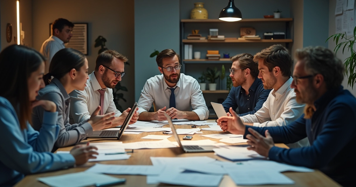 Equipe de escritório em volta de uma mesa com papéis e notebooks bagunçados, gesticulando e discutindo ao mesmo tempo. 