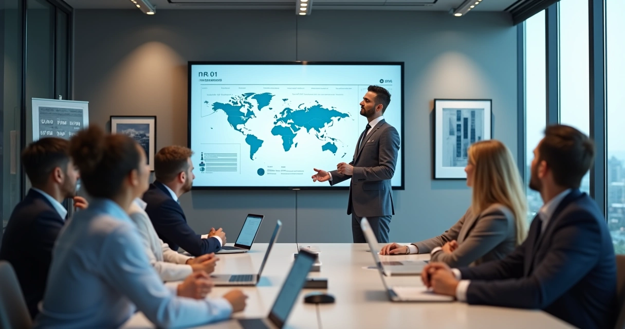 Reunião de equipe em uma sala de conferência, pessoas atentas a uma apresentação sobre normas trabalhistas 