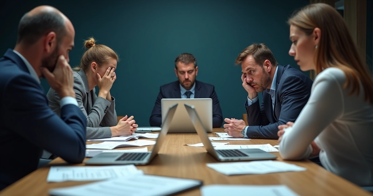 Equipe de trabalho em uma sala de reuniões com expressões estressadas. 