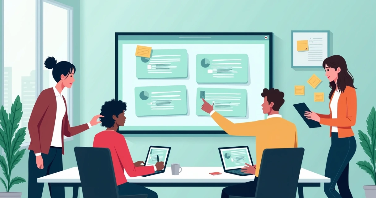 Equipe política reunida, discutindo projetos em uma tela digital 