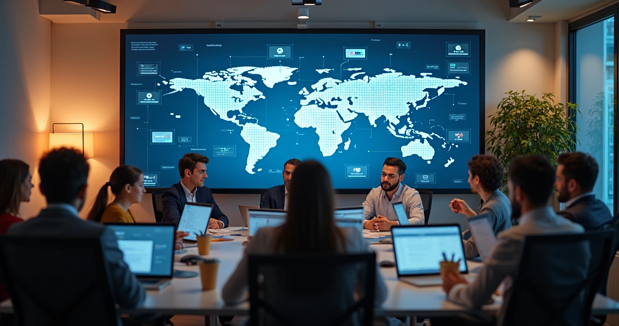 Equipes conectadas por telas e videoconferências interagindo à distância 