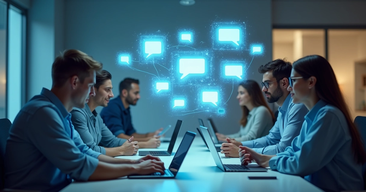 Equipe se comunicando em vários dispositivos conectados por linhas digitais 