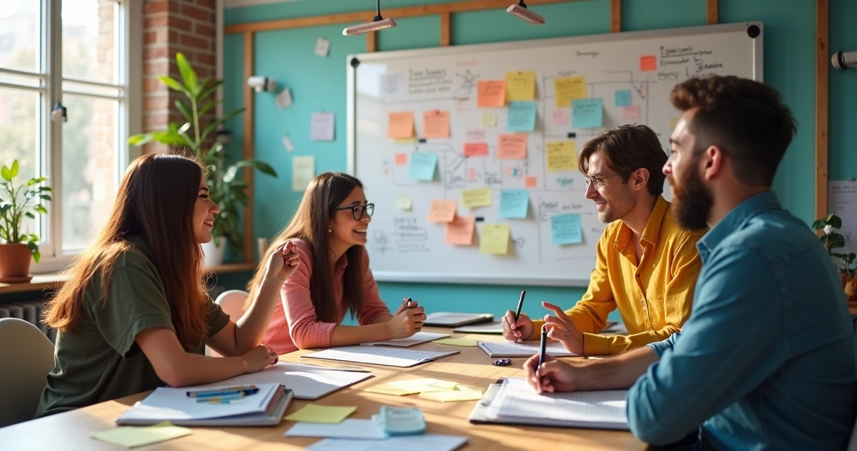 Equipe discutindo ideias com anotações em mural 