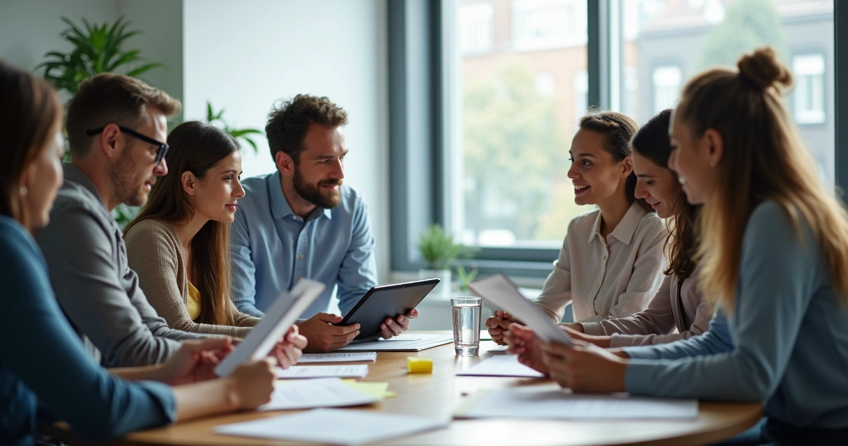 Equipe reunida em volta de uma mesa discutindo com expressão atenta 