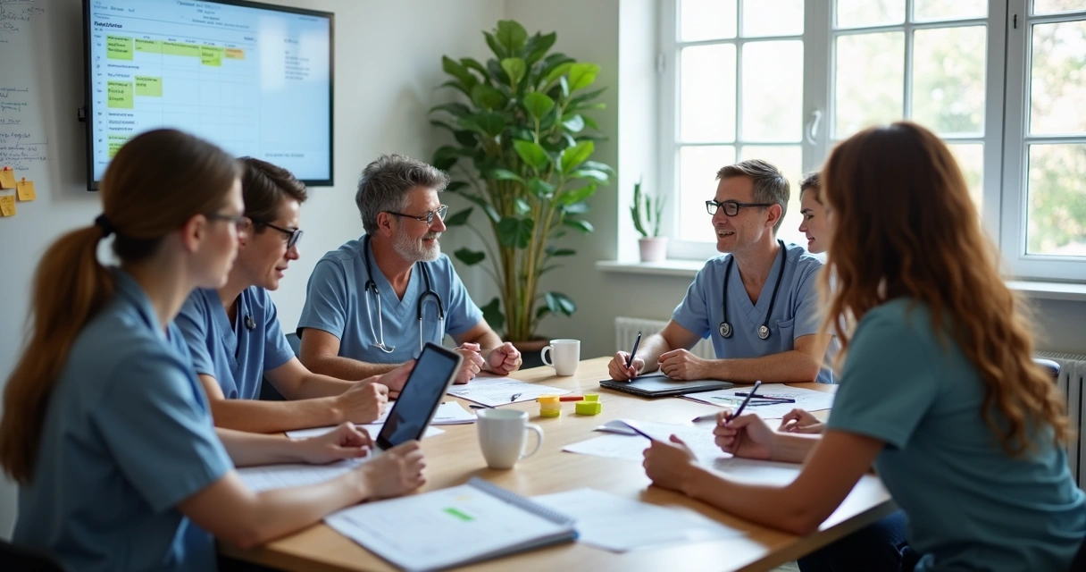 Equipe multiprofissional reunida trocando informações em ambiente terapêutico 
