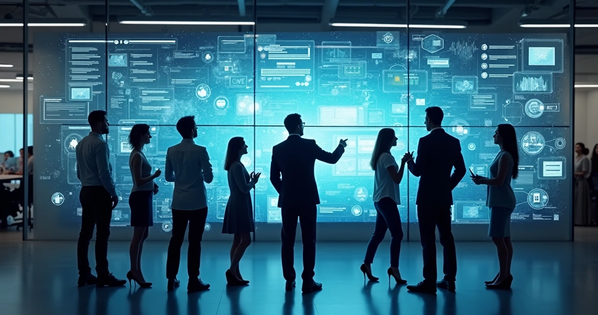 Profissionais de setores diferentes usando telas digitais para colaborar 